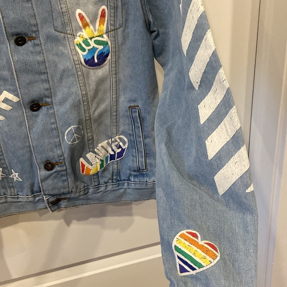 Brooklyn Cloth Peace Love Pride Rainbow Checkered Blue Graphic Jean Jacket M - Picture 5 of 8